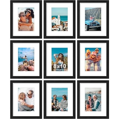 Vittanly 8x10 Picture Frames Set of 9, Shatter Resistant Plexiglass, Display 5x7 Pictures with Mat or 8x10 without Mat, Photo Frames for Wall or Tabletop, Engineered Wood, Black