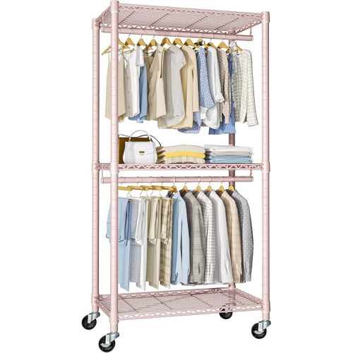 P1 Medium Heavy-Duty Portable Closet, 30" W x 14" D x 76" H, Metal Rolling Clothing Rack, Pink