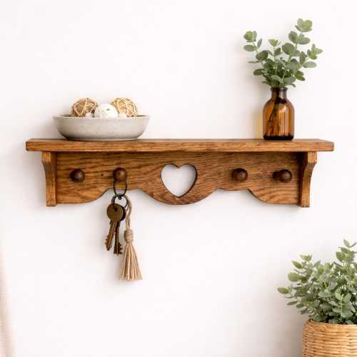 Heart Shelf with Hooks | Wooden Heart Shelf | Oak Entryway Shelf | Farmhouse Wall Decor | Nursery Shelf | Rustic Farmhouse Key Holder