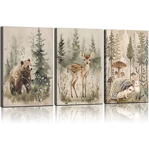 3 Pcs Woodland Animal Nursery Canvas wall art Wild Animals Forest Paintings Pictures Wall Decor hedgehog Bear Deer Watercolor Poster Prints for Boys Girls Room Home Artwork Decoration 16inx24in canvas