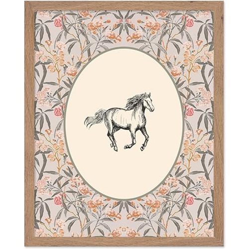 Poster Master Vintage Horse Poster - Retro Pony Print - Pastel Art - Floral Art - Flower Art - Farmhouse Art - Chic Boho Art - Aesthetic Art - Kids Room or Nursery Wall Decor, 8x10 Beige Framed
