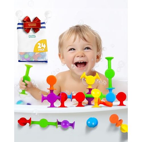 BUNMO Stocking Stuffers for Kids - Toddler Suction Bath Toys - Connect, Build, Create - Toddler Stocking Stuffers - Fine Motor Skills - Stimulating Sensory Fun - Original 24 Pack