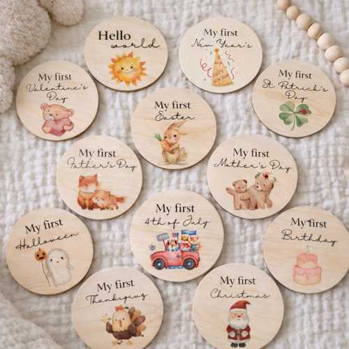 Baby's First Holidays Milestone Cards - Wooden Baby Milestone Signs - Baby Milestone Markers Photo Prop - Baby Milestone Disc Set