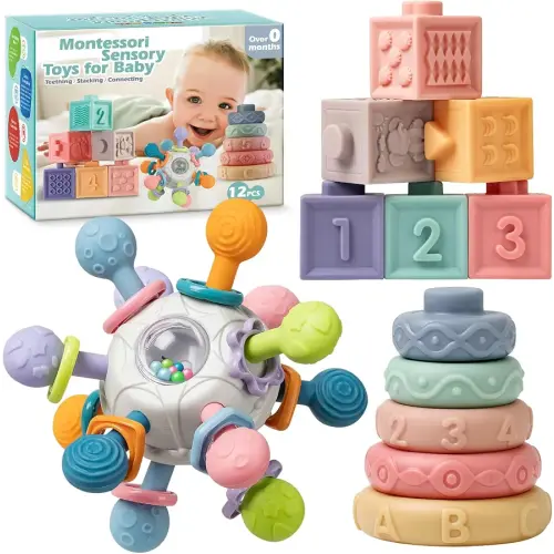 Baby Sensory Teething Toys Set, Montessori Baby Toys 6-12 Months, Incl Newborn Rattle Teether & Baby Blocks & Soft Stacking Rings, Ideal Babies Boy Girl Gifts, Infant Toys 0-3-6-9-12-18 Month