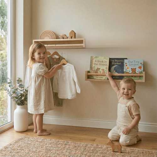 Montessori Bookshelf & Hanging Rail for Kids | Floating Wooden Shelf | Toddler Clothing Rack | Front Facing Book Display | Kids Room Decor