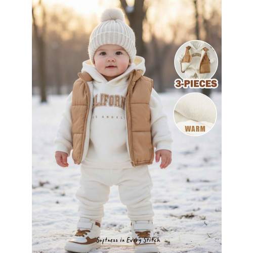 Cozy Pixies 3pcs Baby Boy Minimalist Letter Print Soft Knit Hoodie Sweatshirt, Elastic Waist Pants And Sleeveless Padded Vest Set Baby Set Autumn Winter Season Newborn Clothes Infant Winter Outfits Warm Baby Clothes Fall | SHEIN USA