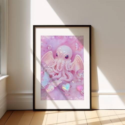 Sparkly Baby Cthulhu Art Print - Cute Pink Aesthetic Fantasy Decor - Octopus with Wings - Glittery Pastel Wall Art - Whimsical Gift