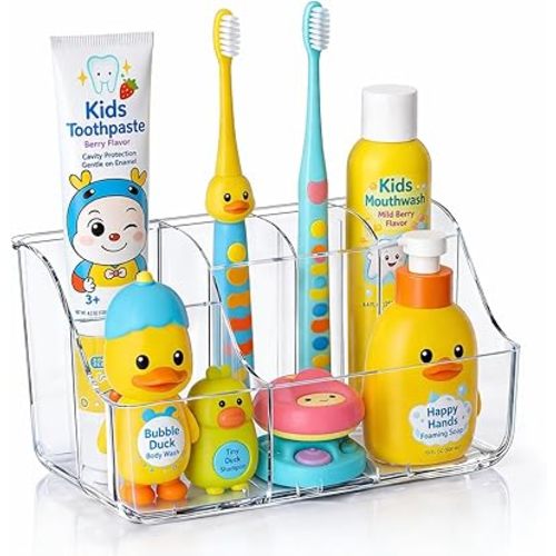 Sotfamily Clear Kids Toothbrush Holders for Bathrooms, Wall-Mounted Tooth Brush Holder & Toothpaste Holder for Bathroom Countertop or Wall, Space-Saving Bathroom Organizers and Storage(No-Drill)