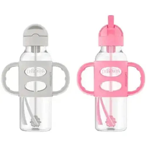 Dr. Brown's Narrow Sippy Straw Bottle with Handles, Gray & Pink, 2-Pack