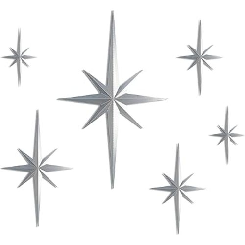 Stylor Mid Century Modern Decor, Mcm Retro 3D Star Art Wall Sculpture, Plastic Starburst Decor, Vintage Celestial Whimsigoth Home Decor Accent. (Set of 6, Silver)