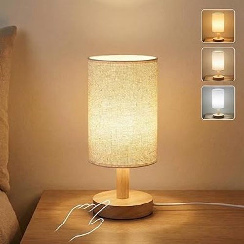 Touch Bedside Table Lamp-3 Color Temperatures & Stepless Dimming with USB Plug,Natural Round Wood Base&Linen Fabric Shade|Minimalist Boho Nightstand Lamp for Bedroom,Nursery,Kitchen,Dorm,Small Spaces