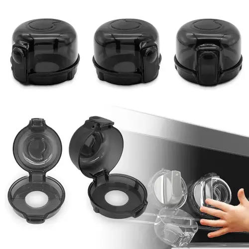 Stove Knob Safety Covers 5-Pack - Childproof & Pet Proof Locks for Gas/Electric Ovens, Heat-Resistant Clear Guards, Easy Damage-Free Install (Transparent Black)