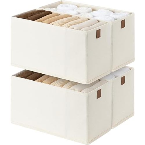 StorageWorks Fabric Storage Bins, Small Storage Bins with PU Handle, Decorative Narrow Baskets for Shelves, Ideal for Organizing Clothes, Toys, and Books, Beige, 4-Pack