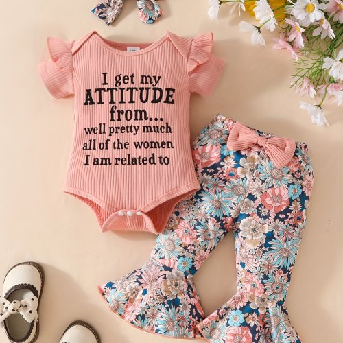 Letter Print Short-Sleeve Romper + Flared Pants + Headscarf, for Outdoor