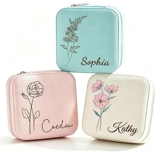 Ships Next Day, Custom Travel Jewelry Box with Name Birth Flower, Birthday Gifts for Women, Bridesmaid Proposal Gifts Personalized Small Travel Jewelry Case, Christmas Customized Gifts for Teen Girls