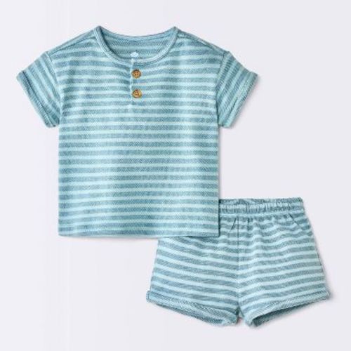 Baby Boys' 2pc Striped Henley T-Shirt and Shorts Set - Cloud Island™ Light Blue Newborn