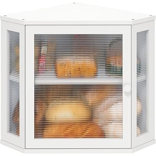 White Bread Box for Kitchen Counter, Bamboo Wood Large Capacity Bread Storage Bin with Acrylic Wavy Door Panel (White, Meduim)