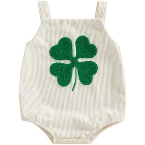 St Patricks Day Baby Boy Girl Outfit Newborn Clover Embroidery Romper Overalls Sleeveless Corduroy Bodysuit Jumpsuit