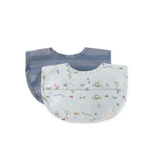 Water Repellent Baby Bibs with Pocket - Set of 2 - Crawling Critters Blue