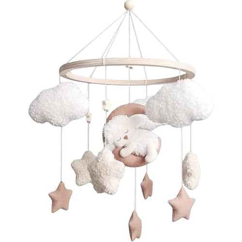 Cute Sheep Mobile for Crib Handmade Beige Dreamy Theme Felt Nursery Decor Crib Mobile for Bassinet Baby Newborn Baby Gift Nursery Decor