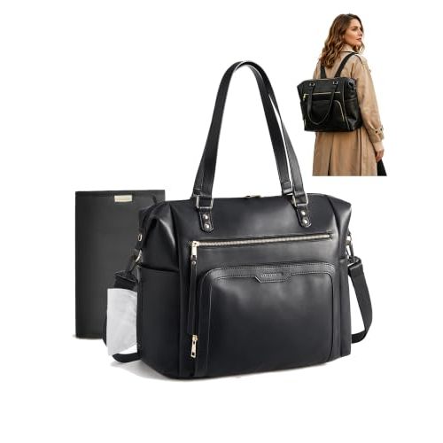 mommore PU Leather Convertible Diaper Bag Backpack, Crossbody Bag Tote | Converts into Diaper Backpack, Crossbody Bag, PU Leather Tote, Waterproof Changing Pad