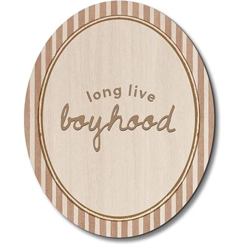 Boy Nursery Oval Wall Art Decor,Long Live Boyhood Boys Room Wall Decor,Neutral Striped Wooden Hanging Decor for Kids Boys Toddler Nursery Room Bedroom Playroom