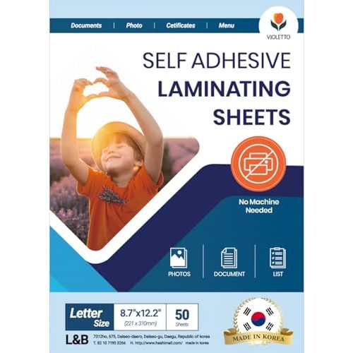Self Stick Laminating Sheets 8.5 x 11 Inches, 4mil, Pack of 50, No Heat, No Machine, Peel and Stick Laminating Sheets, Self Adhesive Contact Paper, Self Sealing Clear Vinyl Stickers by VIOLLETO