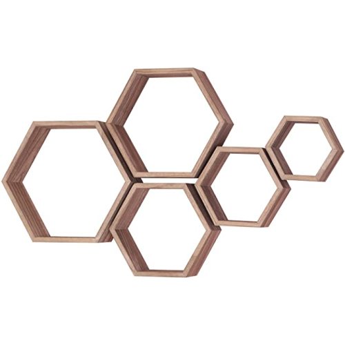 Hexagon Shelves for Wall,Hexagon Floating Shelf Set of 5,Honeycomb Shelves Octagon Hanging Cube Rustic Wood Wall Mounted for Living Room Bedroom Kitchen Bathroom Office Home Decor（Carbonized Brown）