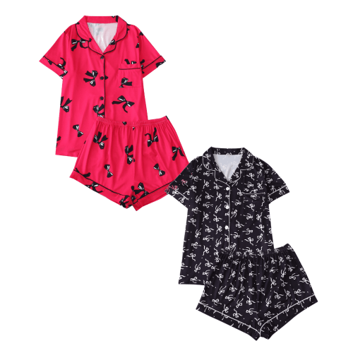 Fengactive 2PC Cute Printed Pajamas Sets for Women Button Up Short Sleeve Nightwear Lounge Sleepwear