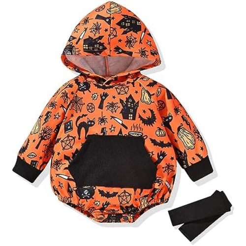 Unutiylo Baby Halloween Outfits Newborn Hooded Romper Baby Sweatshirt Long Sleeve Fall Winter Outfit With Matching Socks