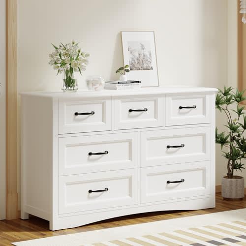 Gizoon 47" 7 Drawer Dresser, White Modern Bedroom Chest of Drawers | Modern 7 drawer dresser for bedroom features 4 large & 3 small storage drawers. Anti-tip safe for kids room & hallway