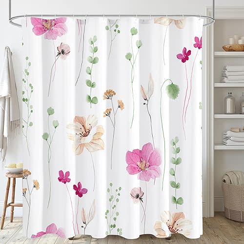 Gibelle Watercolor Floral Shower Curtain, Pink Beige Flower Shower Curtain for Bathroom, Modern Minimalist Waterproof Fabric Shower Curtain Set with Hooks 72x72 Inch