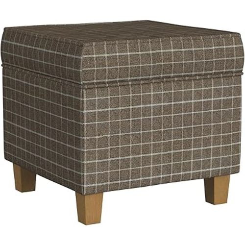 Homepop Home Decor Classic Square Storage Ottoman with Lift Off Lid | Ottoman with Storage for Living Room & Bedroom, Brown Window Pane Fabric
