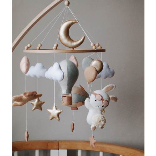 Bunny Pilot Baby Mobile: Felt Airplane, Balloons, Gold Stars Nursery Decor