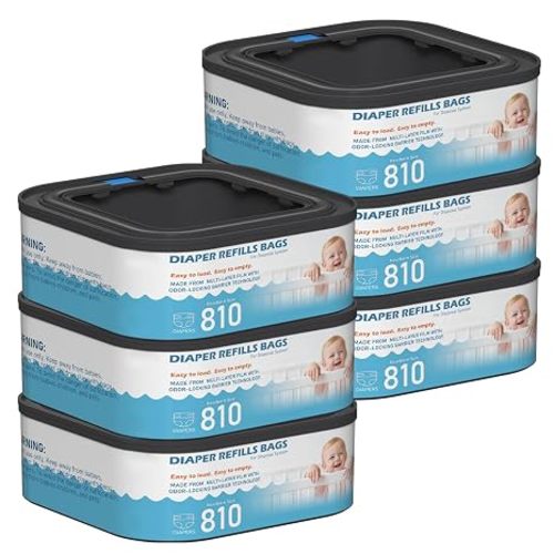 Jumbo Square Refills Disposal Bags Refill Compatible with Diaper Genie Classic, Compact, Premier and Select Pails, Hold Up to 810 Newborn-Sized Diapers Per Refill, Pack of 6