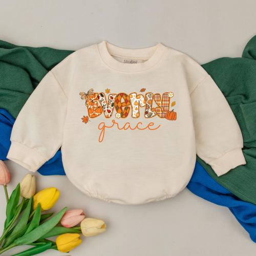 Personalized Name Thanksgiving Romper, Thankful Pumpkin Baby Outfit, Custom Name Baby Girl Bodysuit, Fall Autumn Baby Gift, Baby Shower Gift