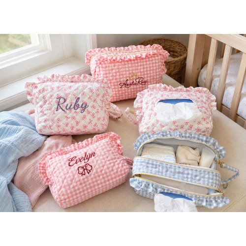 Personalized Quilted Gingham Wipes Pouch, Embroidered Name Travel Organizer with Double Zippers