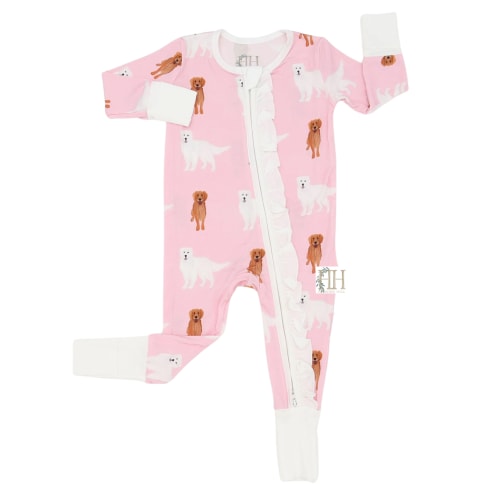 Girls Golden Retriever Ruffle Double Zipper Romper