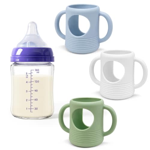 3Pack Silicone Sleeve for Lansinoh Glass Bottles 5oz with XS/S Flow Nipples | Food Grade Silicone Cover with Handles, Drop Resistant, Thermal Insulation, Baby Essentials (Green/Blue/White)