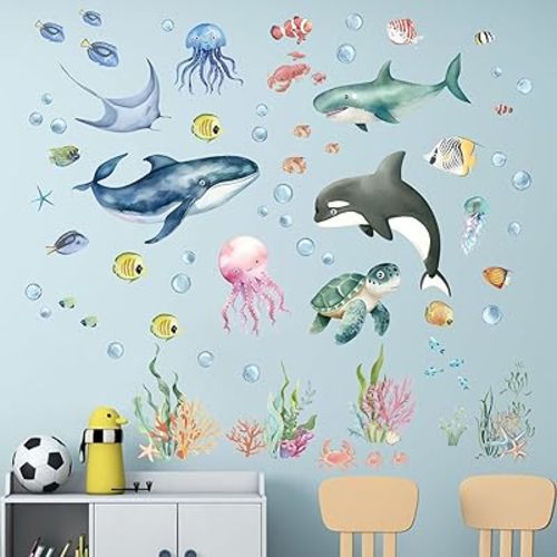 Under The Sea Wall Decals - Marine Theme Shark Whale Fish Sea Turtle Ocean Wall Stickers - Bathroom Baby Nursery Kids Bedroom Daycare Wall Decor