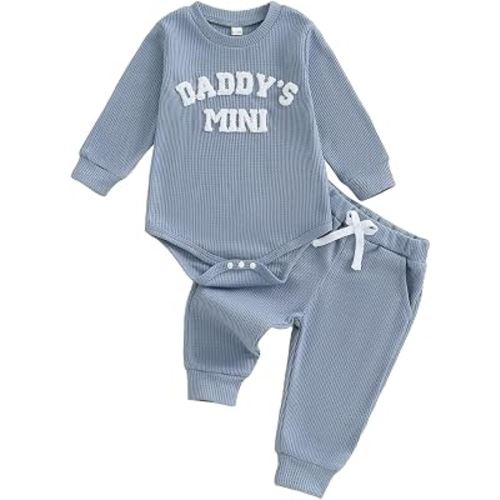 Kupretty Baby Boy Clothes Daddy's Mini Waffle Romper Pant Set | 3 6 12 18 Months Boys Clothing Set Fall Winter Outfit Embroidery Long Sleeve Bodysuit & Matching Joggers Infant Set