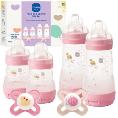 MAM Newborn Essentials Feed & Soothe Set (6 piece) 0m+ - Girl: Wide Neck Bottles, BPA-Free, Silicone Nipple