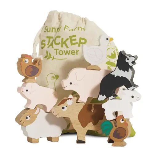 Le Toy Van Wooden Sunny Farm Stacker & Bag Educational Balancing Activity, Plastic Free, Toy Suitable for Age 18+ Months PL141