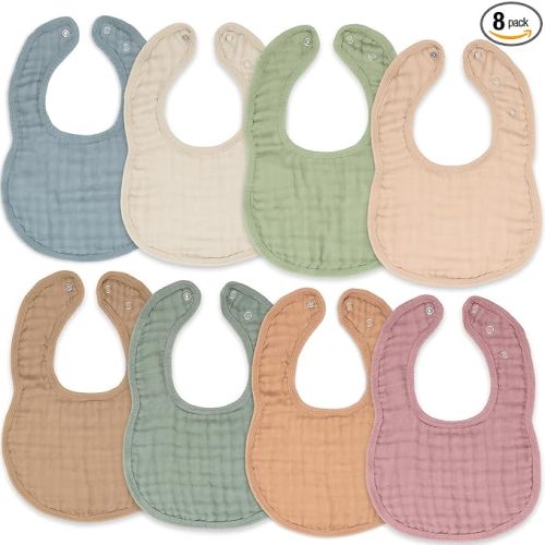 Comfy Cubs Muslin Bibs for Babies, Pack of 8 - Soft and Highly Absorbent, Feeding, Drool and Teething Bib, Adjustable Snaps - Stylish & Colorful Unisex Designs, Giftable Set - Multicolor