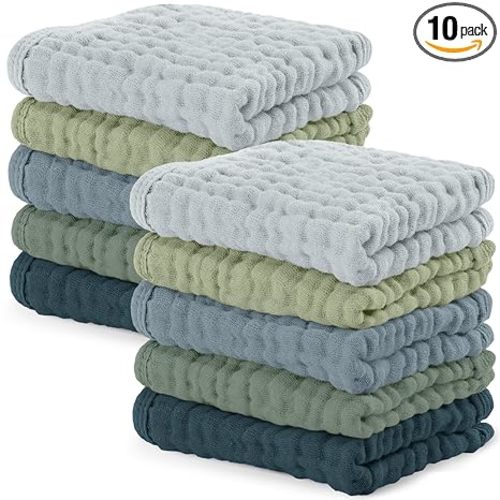Comfy Cubs Muslin Baby Washcloths 10 Pk - Cotton Wash Cloths - Multi Boy | Soft 6-Layer 100% Muslin Washcloths for Sensitive Skin - Gentle Absorbent Baby Cotton Washcloths for Newborns and Toddlers