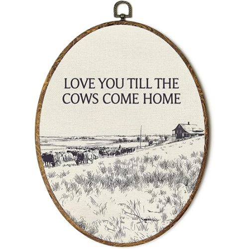 FSTCSV Vintage Western Cow Oval Wall Art Framed, Western Cowboy Cows Canvas Prints Wall Hanging Art, Love You Till The Cows Come Home Oval Walls Decor for Entryway Home Living Room, 8.5x11.5in