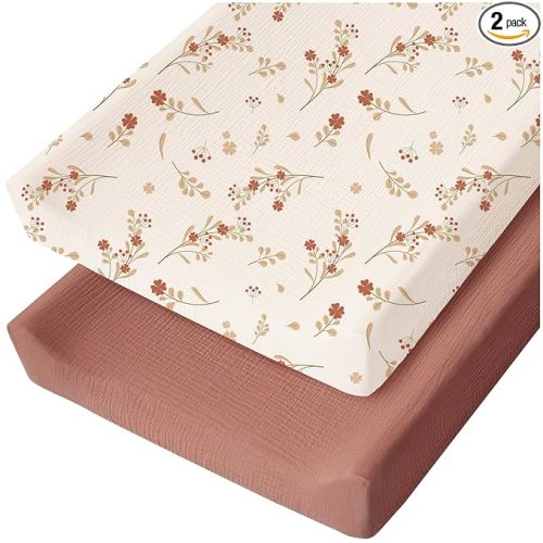 Konssy Muslin Changing Pad Cover for Baby Girls Boys, 100% Cotton Fitted Diaper Chang Table Covers, Soft Breathable Changing Pad Sheets, 2 Pack (Chestnut, Posy)