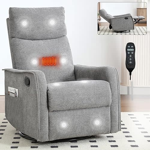 Anwick 360° Swivel Rocker Recliner Chair with Heat and Massage, Manual Upholstered Recliner for Small Spaces, Fabric Glider Nursery Chair with Side Pockets for Living Room (Grey)