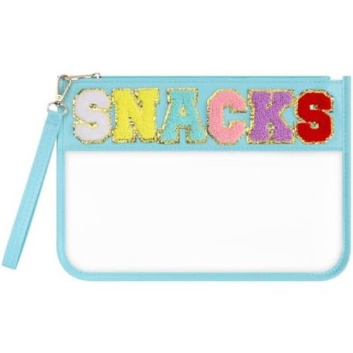 Clear Snack Bag for Travel, Chenille Letter Clear Zipper Snacks Pouch Nylon Cosmetic Bag Makeup Travel Bag for Women