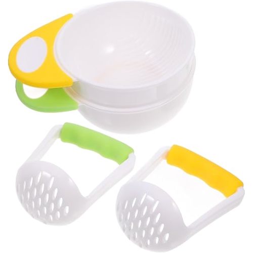 Baby Food Masher 2 Sets Mashing Bowl with Handle Masher, Manual Baby Food Grinder Bowl Set (Green, Yellow)